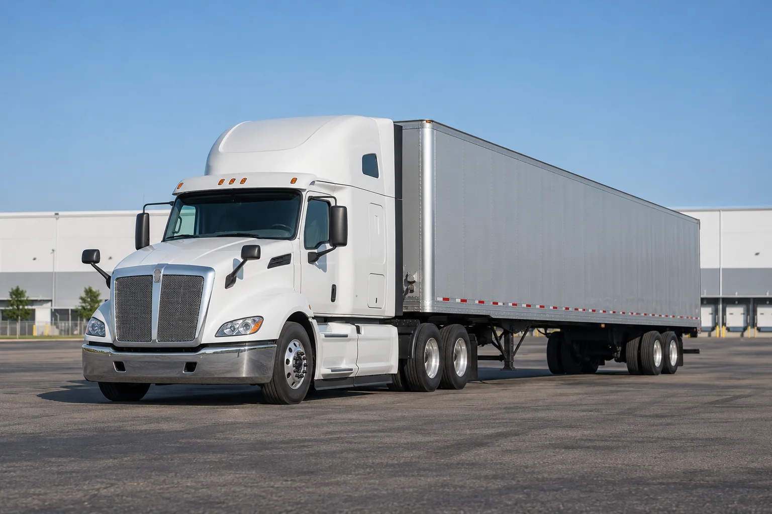 AI-generated illustration of a white American semi-truck and gray trailer at a sunny freight terminal