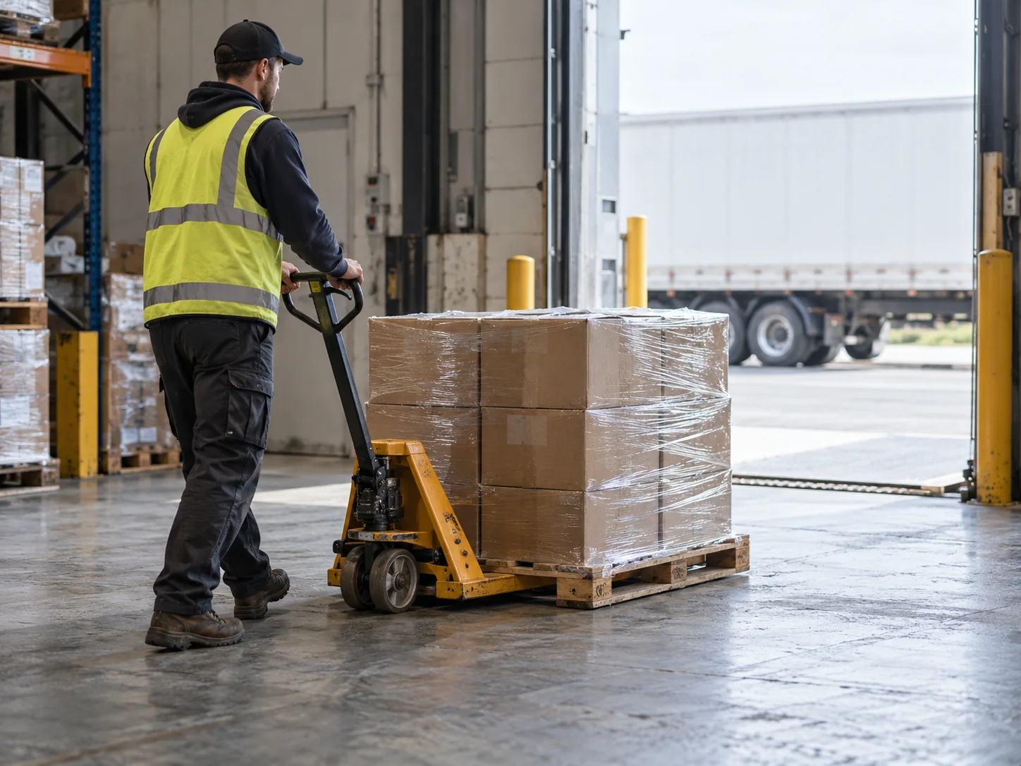 AI-generated illustration of a warehouse worker moving wrapped cartons with a manual pallet jack
