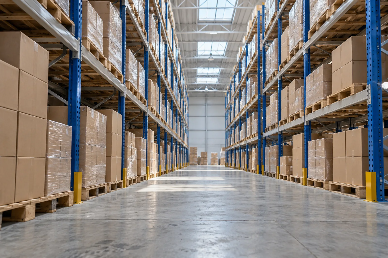 AI-generated illustration of a warehouse aisle with blue racks and stacked pallet loads